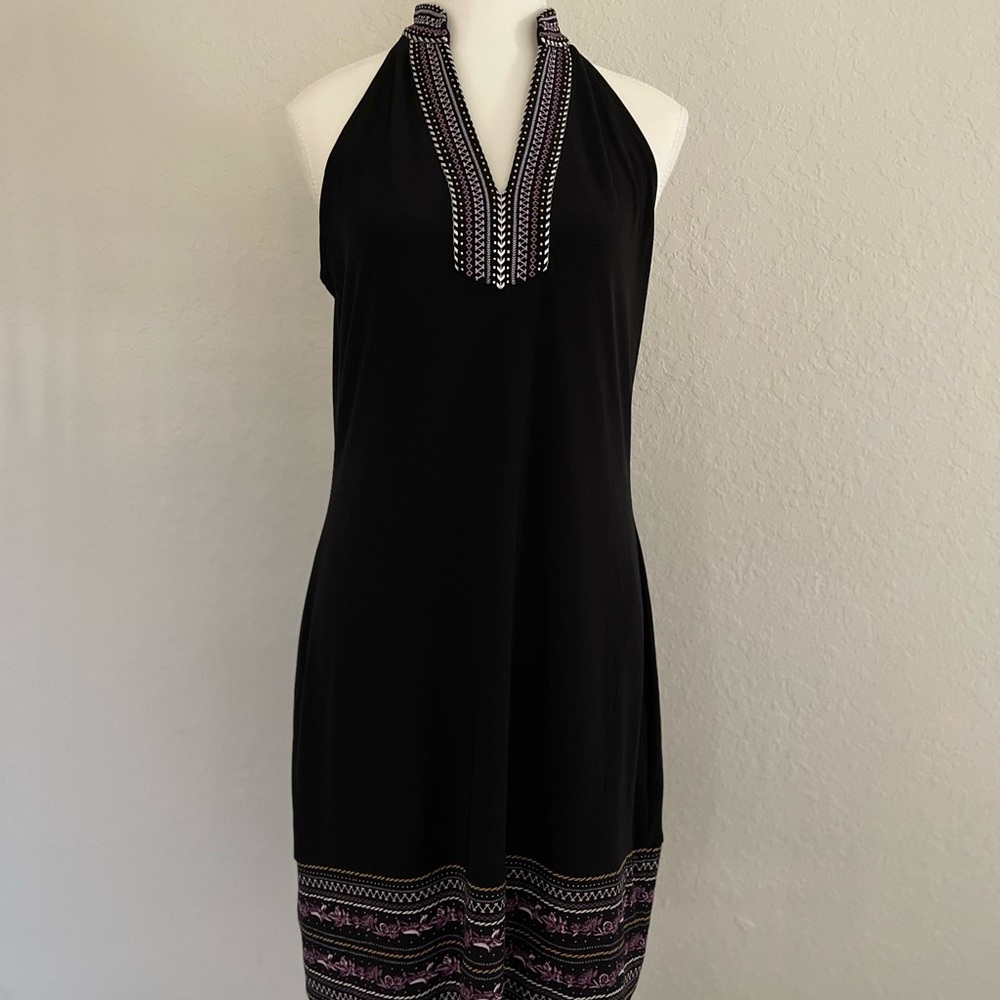 Black Halter Dress with Embroidered Details